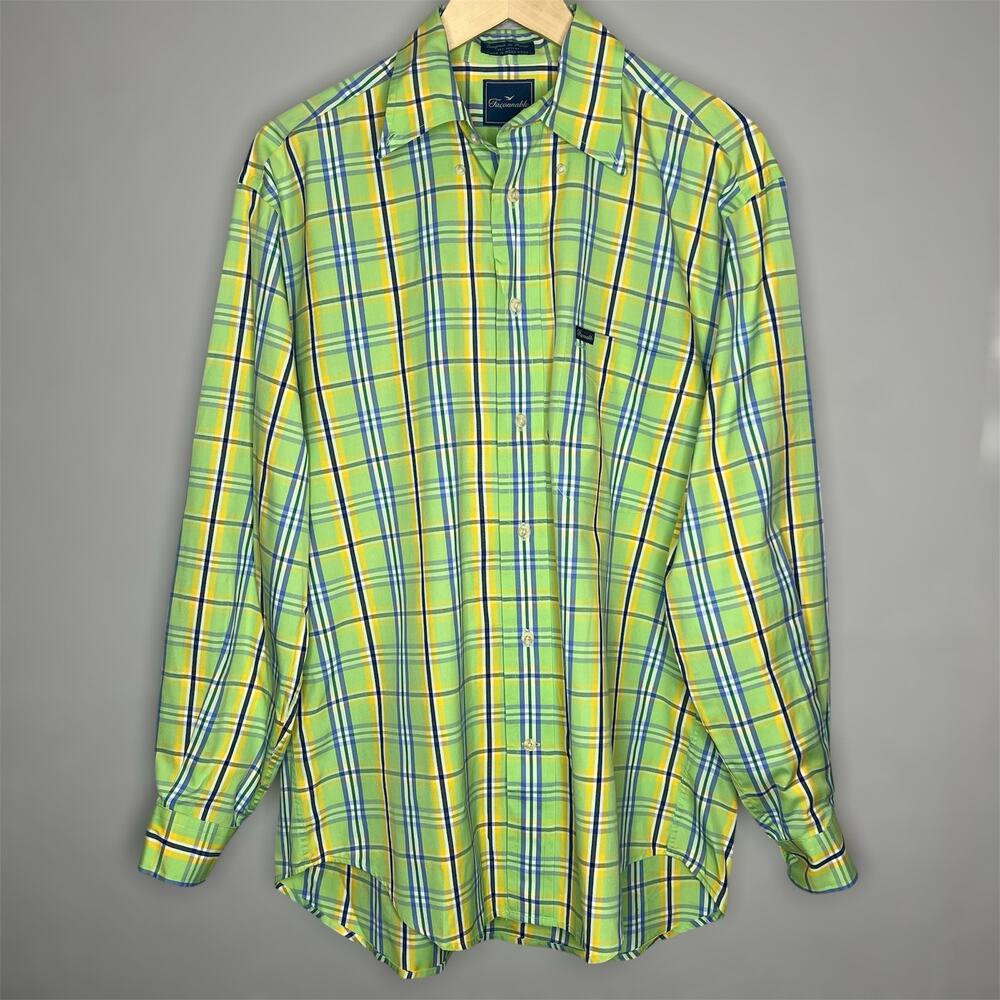 Faconnable Button Up Shirt Medium Mens Long Sleeve Green Plaid Preppy Collared